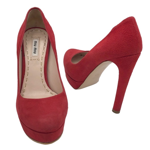 MIU MIU Red Suede Stiletto High Heels - Picture 1 of 14